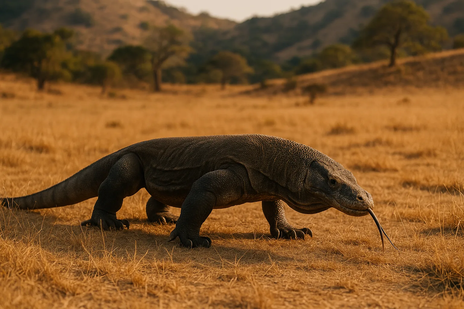 Komodo dragon walking across dry savannah on Rinca Island in Komodo National Park
