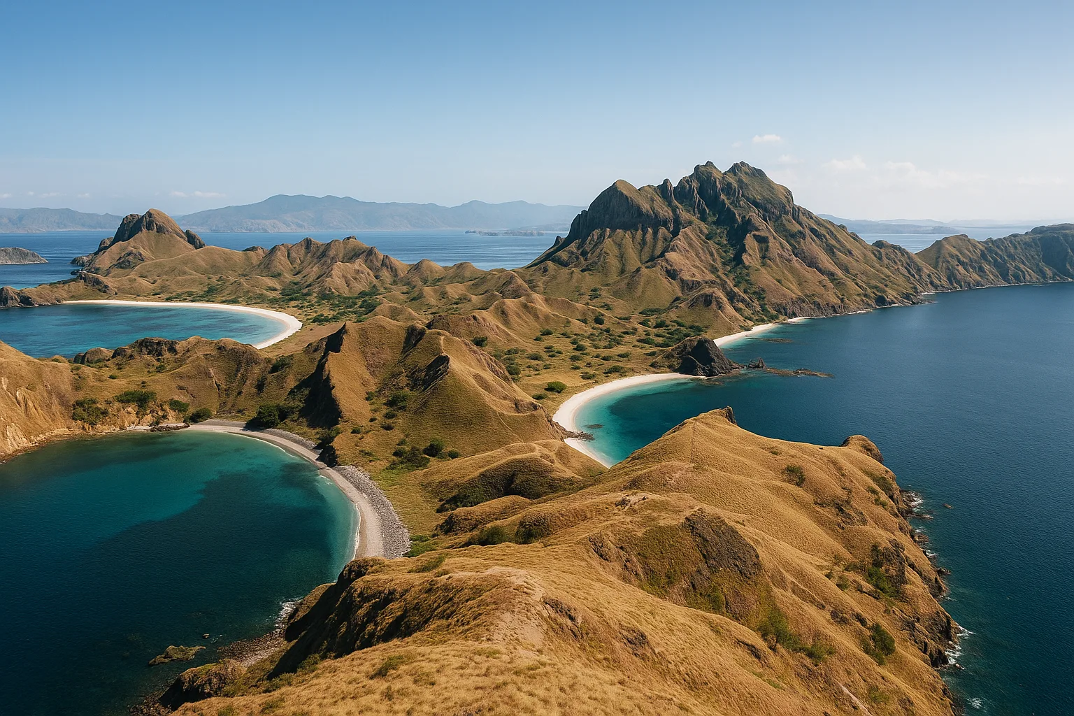 Padar Island three-bay viewpoint at dawn in Komodo National Park