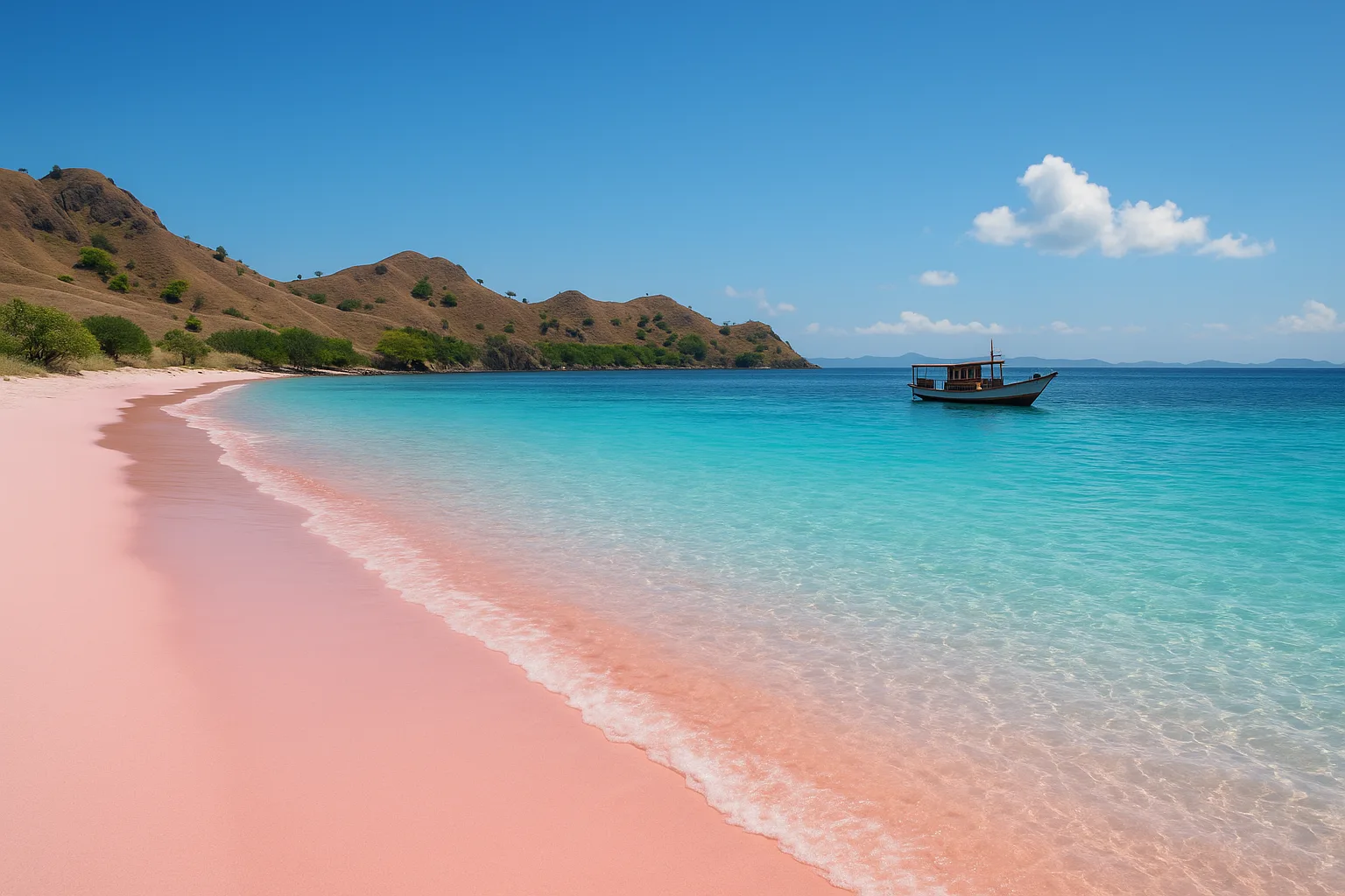Pink Beach with rose-tinted sand and turquoise shallows in Komodo National Park