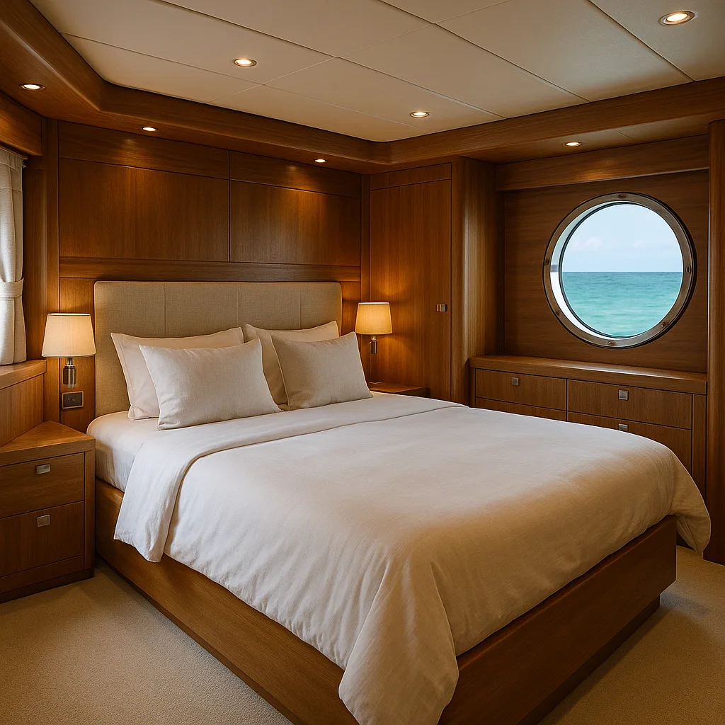 Luxury yacht master cabin with king bed and teak panelling on a Labuan Bajo charter
