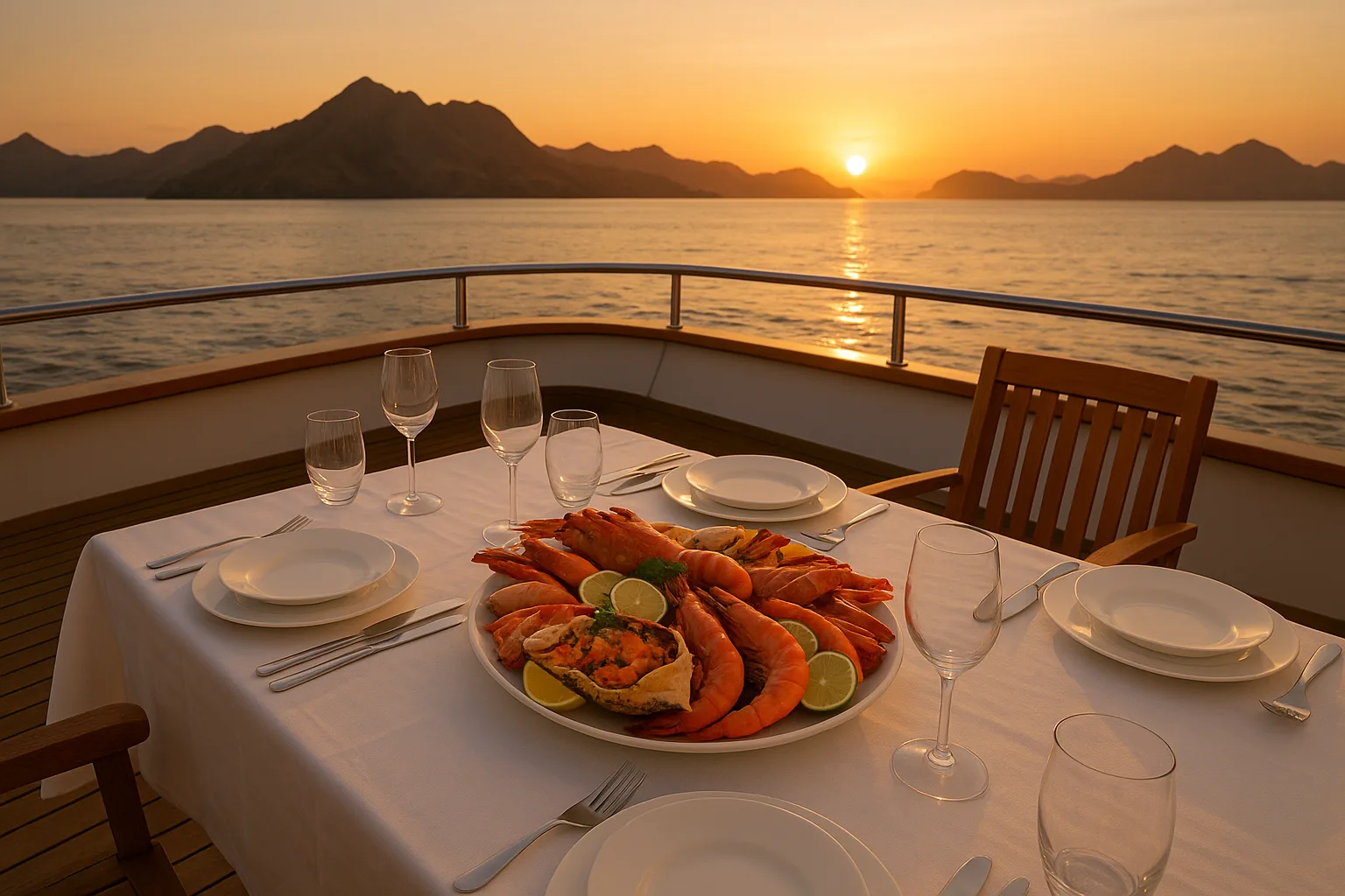 Alfresco dinner set on the teak sun deck of a private charter yacht at sunset in Komodo National Park