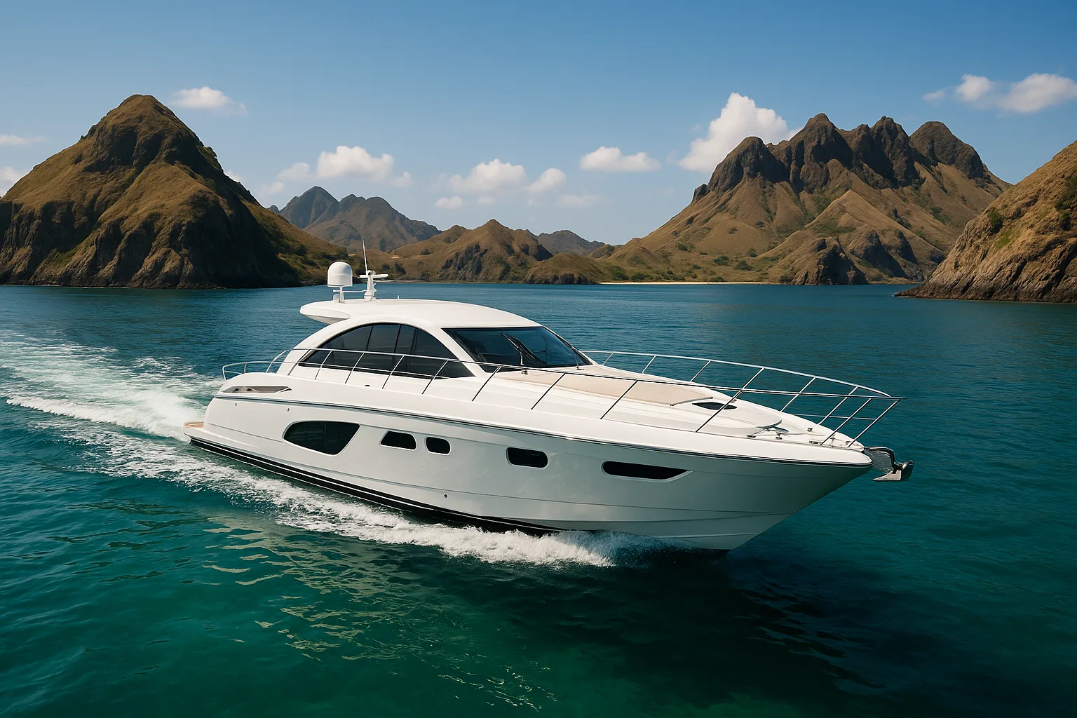 Modern private motor yacht cruising between islands in Komodo National Park near Labuan Bajo