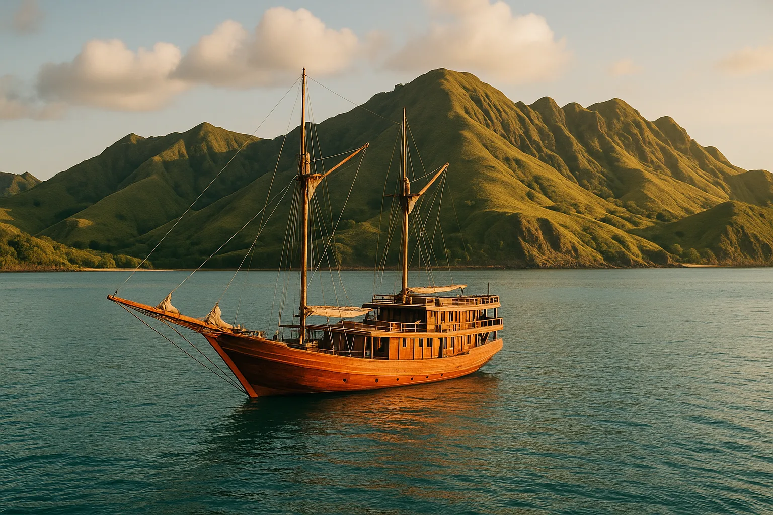 Traditional Indonesian phinisi yacht anchored on turquoise water in Komodo National Park near Labuan Bajo