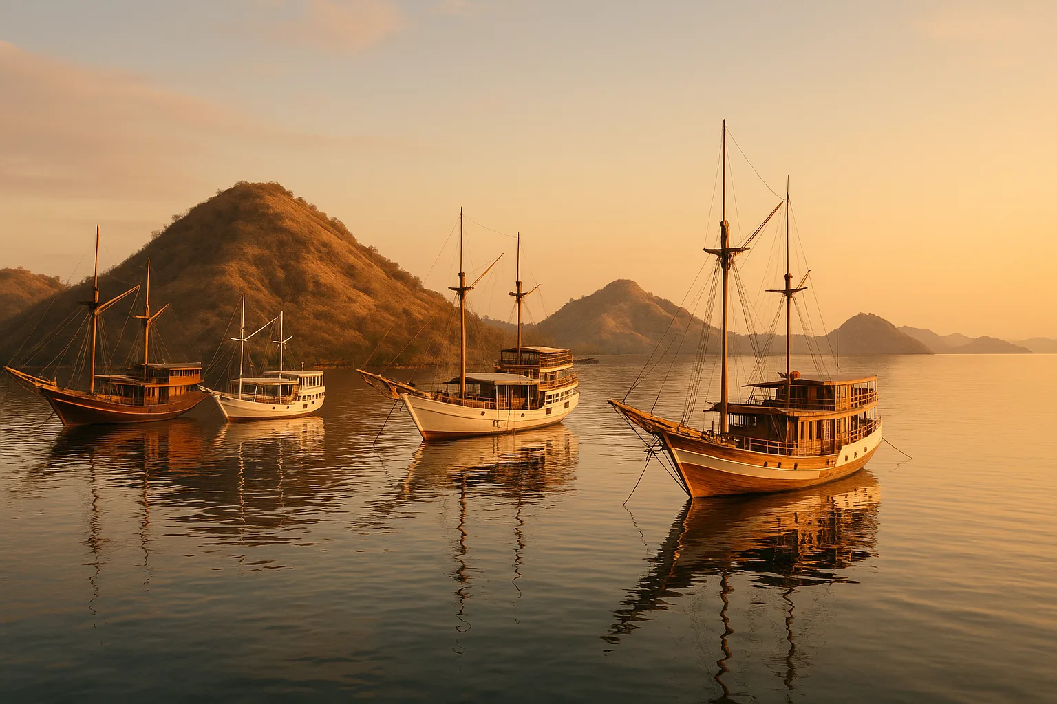 Labuan Bajo harbour at golden hour with phinisi boats, the departure point for a private yacht charter to Komodo National Park