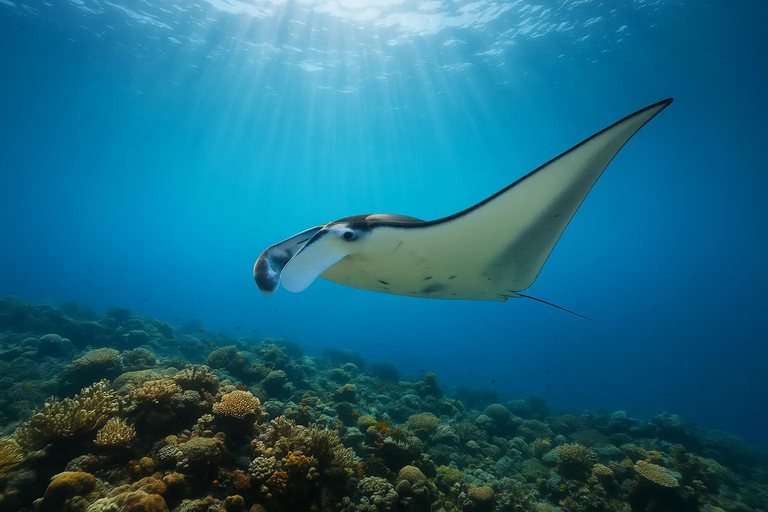 Manta ray gliding over coral reef in the clear water of Komodo National Park