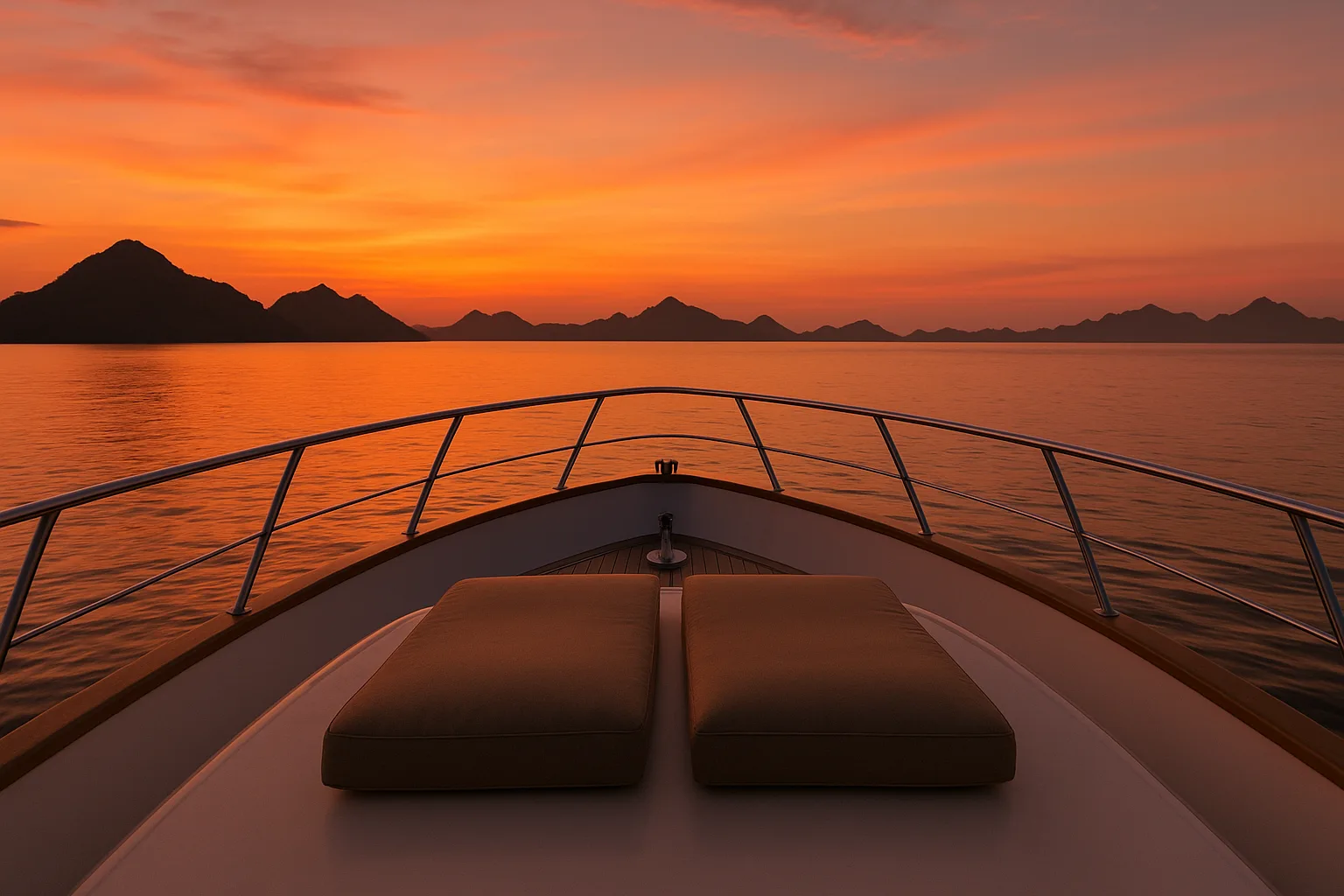 Bow of a private yacht at sunset on calm seas near Labuan Bajo in Komodo National Park
